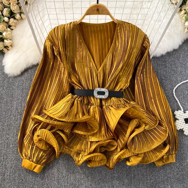 Lantern Long Sleeve V neck Loose Belly covering Waist Ruffle Hem Pullover Shirt Gold - Shop at LoveMi