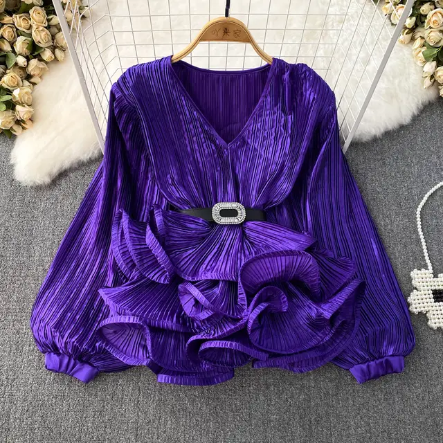 Lantern Long Sleeve V neck Loose Belly covering Waist Ruffle Hem Pullover Shirt Purple - Shop at LoveMi