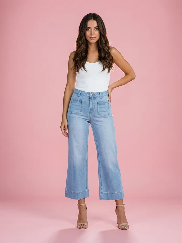 Slimming And Wide Leg Straight leg Pants Washed Jeans Cropped Pants Light Blue - Shop at LoveMi