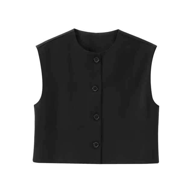 Fashion Solid Color Decorated Row Button Sleeveless Vest Top Black - Shop at LoveMi