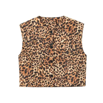 Fashion Solid Color Decorated Row Button Sleeveless Vest Top Leopard Print - Shop at LoveMi