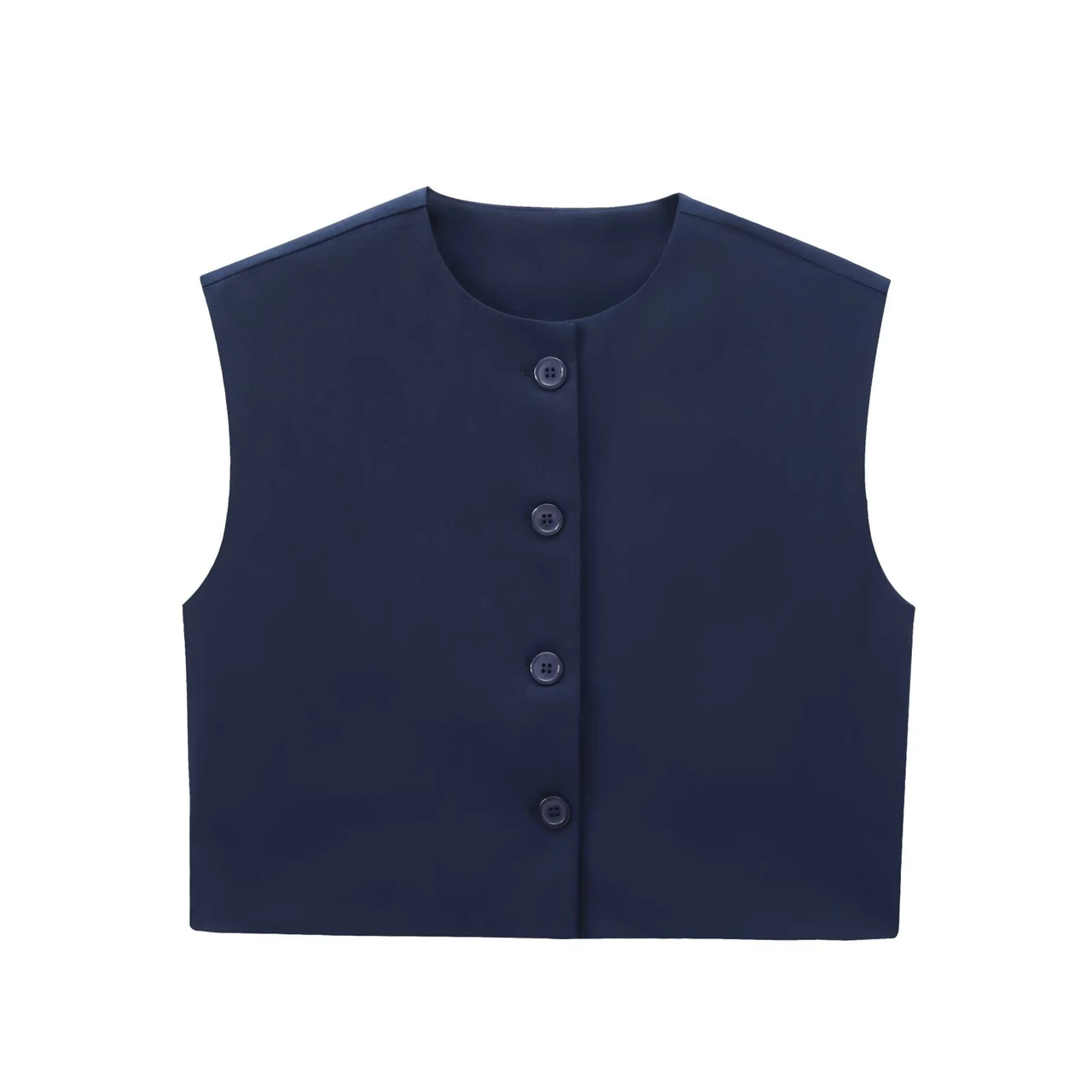 Fashion Solid Color Decorated Row Button Sleeveless Vest Top - Navy Blue