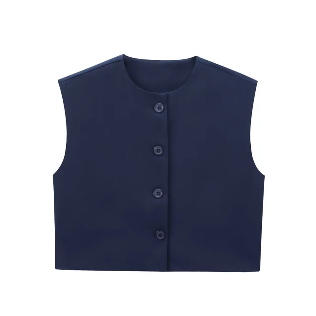 Fashion Solid Color Decorated Row Button Sleeveless Vest Top Navy Blue - Shop at LoveMi
