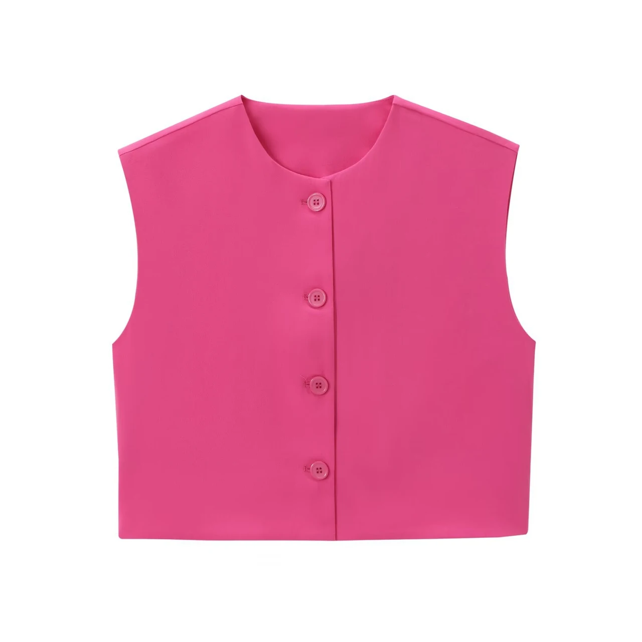 Fashion Solid Color Decorated Row Button Sleeveless Vest Top - Rose Red