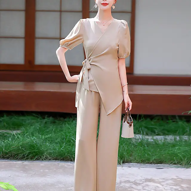 Fashionable Elegant And Capable Wide leg Pants Two piece Set For Women Khaki - Shop at LoveMi