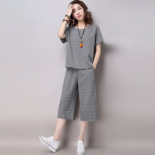 Women's Loose Short sleeved Cropped Wide leg Pants Suit Gray - Shop at LoveMi