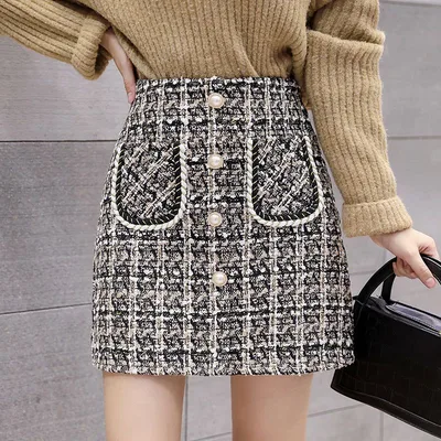 Women's High Waist Slimming Plaid Skirt Classic Apricot Grid - Shop at LoveMi
