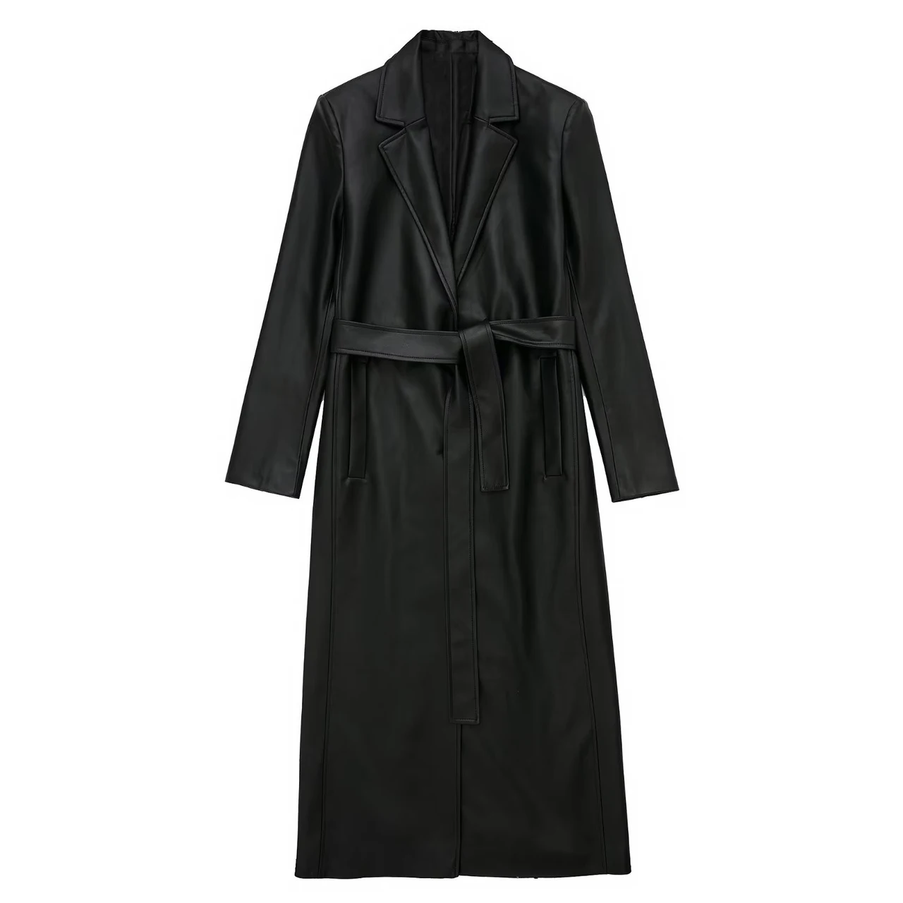 Autumn New Faux Leather Lace-up Waist Trimming Coat - Black