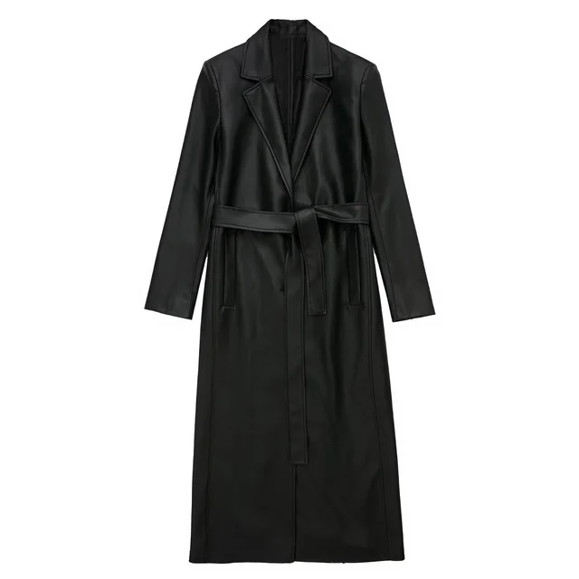 Autumn New Faux Leather Lace up Waist Trimming Coat Black - Shop at LoveMi
