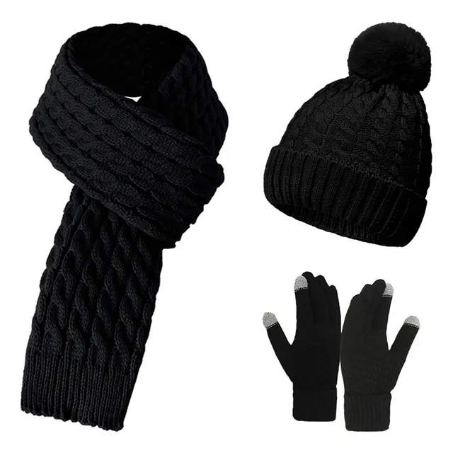 Warm Wool Knitting Hat, Scarf And Gloves Three piece Set Black 3Pcs Set - Shop at LoveMi