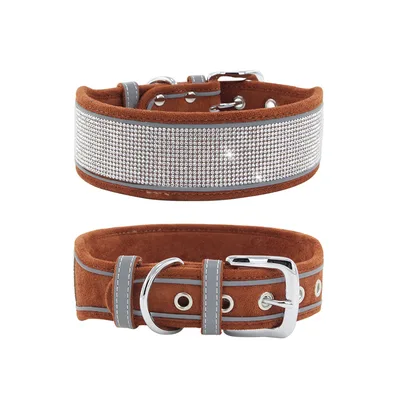 Suede Reflective Dog Collar Soft And Comfortable Dog Hand Holding Rope Rhinestone Brown - Shop at LoveMi