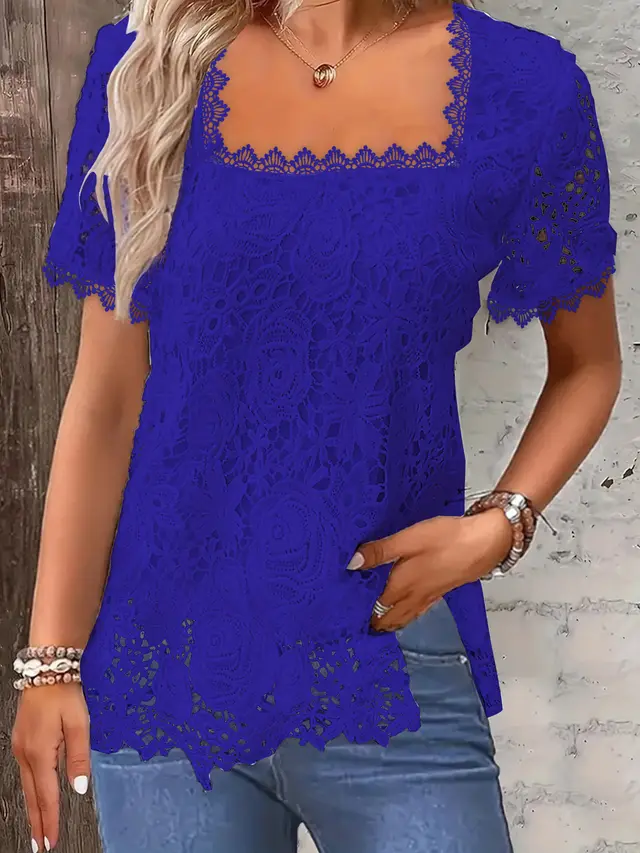 European And American Fashion Women's Wear Short sleeved Lace Top Solid Color T shirt Blue Short Sleeve - Shop at LoveMi