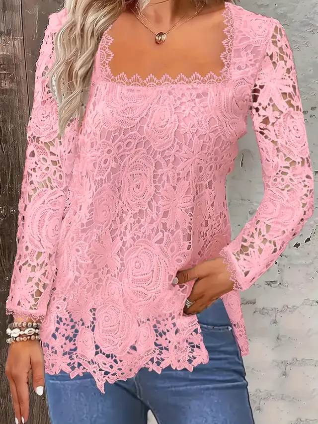 European And American Fashion Women's Wear Short sleeved Lace Top Solid Color T shirt Pink Long Sleeve - Shop at LoveMi