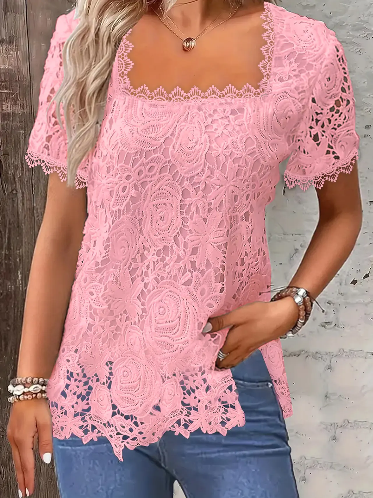 European And American Fashion Women's Wear Short-sleeved Lace Top Solid Color T-shirt - Pink Short Sleeve - View 1
