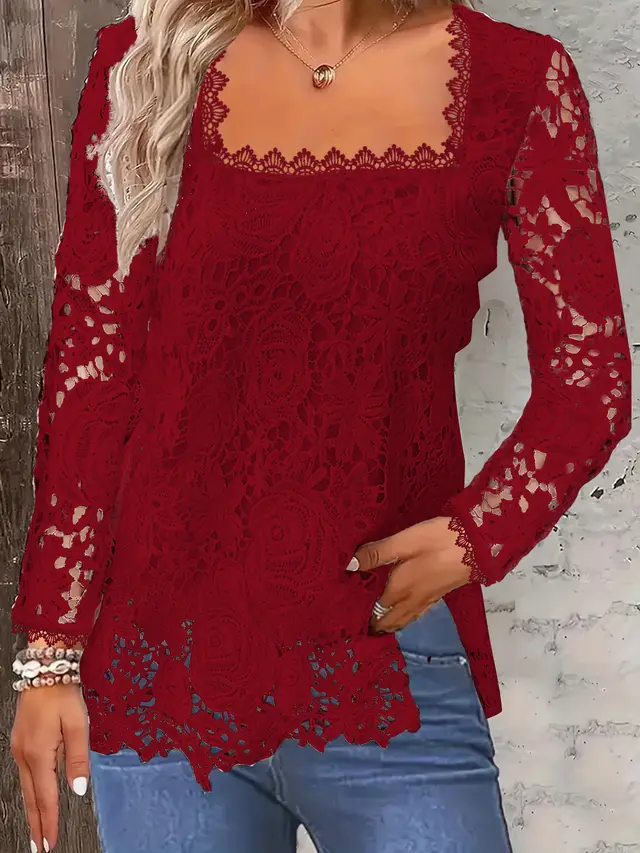 European And American Fashion Women's Wear Short sleeved Lace Top Solid Color T shirt Red Long Sleeve - Shop at LoveMi
