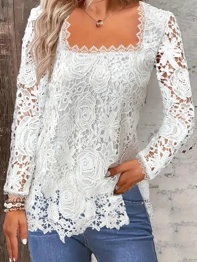 European And American Fashion Women's Wear Short sleeved Lace Top Solid Color T shirt White Long Sleeve - Shop at LoveMi