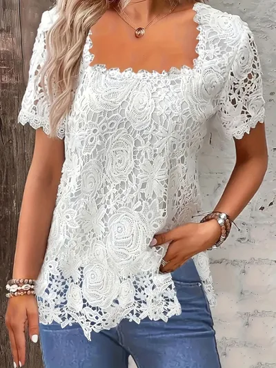European And American Fashion Women's Wear Short sleeved Lace Top Solid Color T shirt White Short Sleeve - Shop at LoveMi