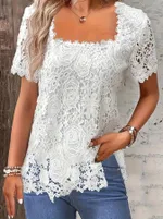 European And American Fashion Women's Wear Short-sleeved Lace Top Solid Color T-shirt - White Short Sleeve - View 1