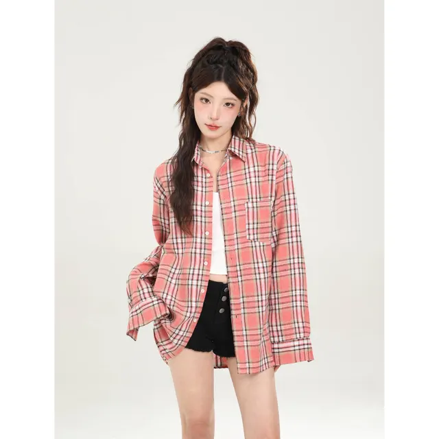 Retro Mid length Sun Protection Shirt Coat Women Pink Plaid - Shop at LoveMi