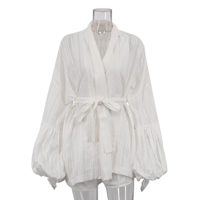 Cotton Lace up Loose Long Sleeve Cardigan Top Shorts Two piece Set White - Shop at LoveMi