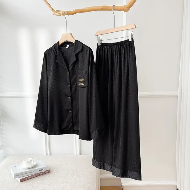 Women's Printed Pajamas Summer Ice Silk Long Sleeve Lapel Cardigan Black Leopard Print - Shop at LoveMi