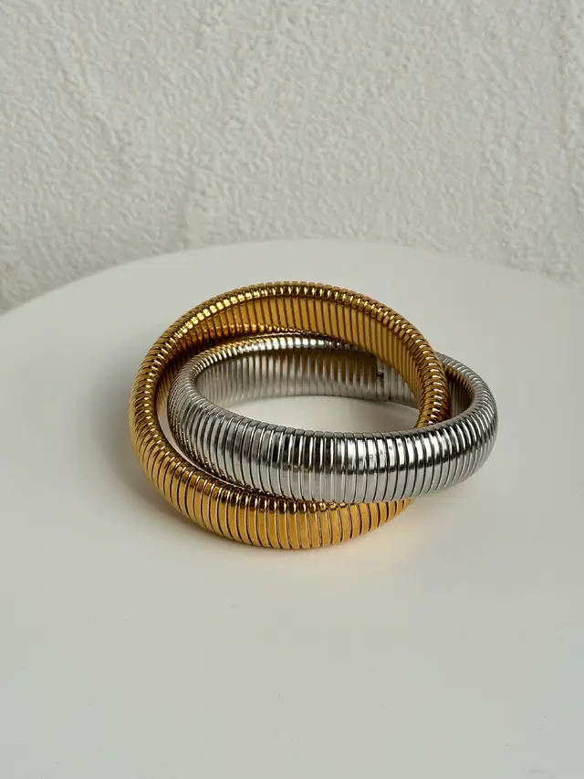 18K Real Gold Plated Titanium Steel Vintage Double Elastic Gypsy Bracelet Width 16Mm - Shop at LoveMi