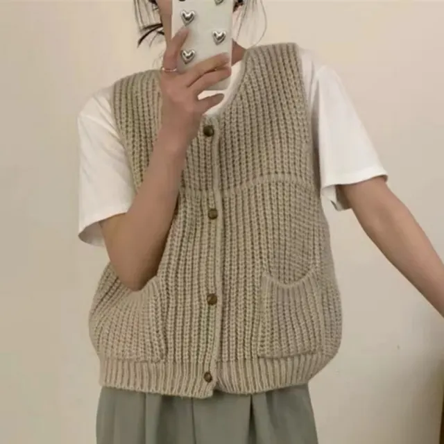 Retro Knitted Vest Coat For Women Apricot - Shop at LoveMi