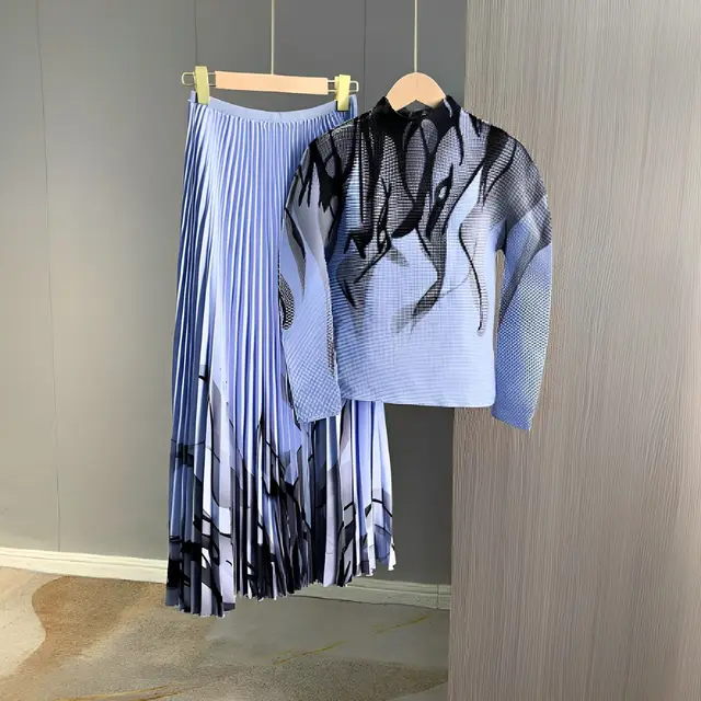 Women's Corrugated Printed Pleated Skirt Suit Sapphire Blue - Shop at LoveMi