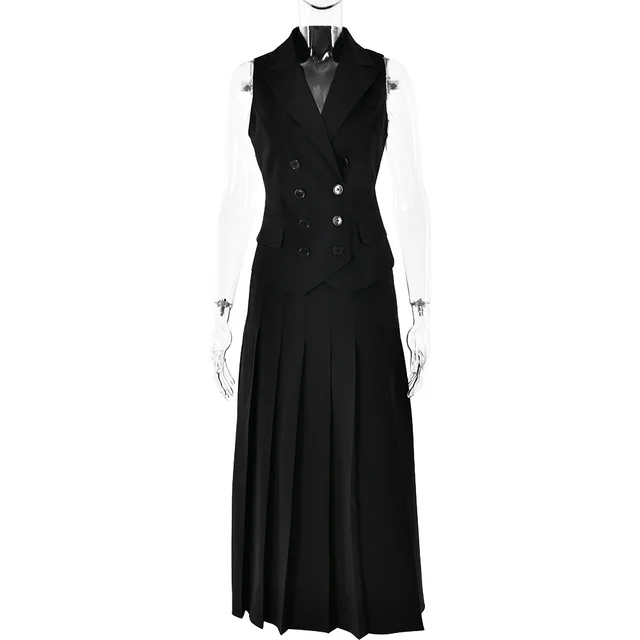 Sleeveless Vest Pleated Dress Two piece Set Black - Shop at LoveMi