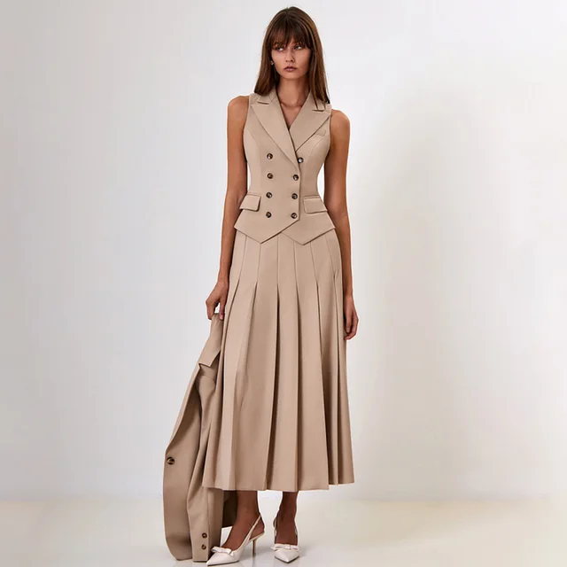 Sleeveless Vest Pleated Dress Two piece Set Khaki - Shop at LoveMi