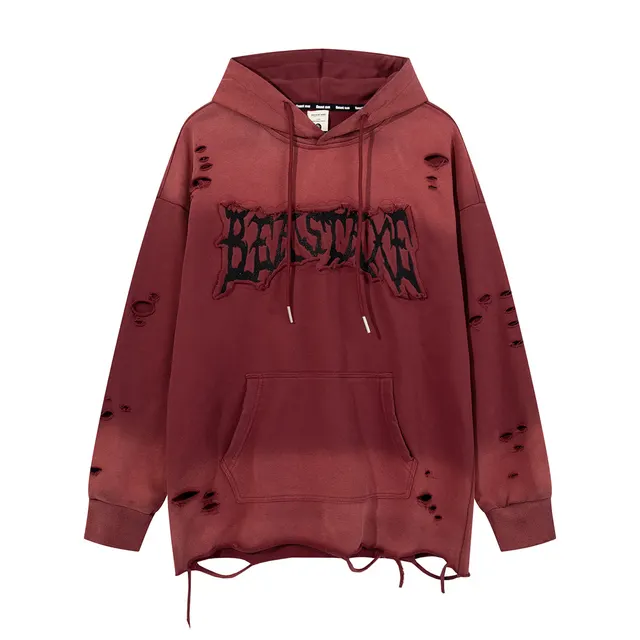 Water Washed Hole Hooded Sweater Affixed Cloth Hoodie Axe5627 Red - Shop at LoveMi