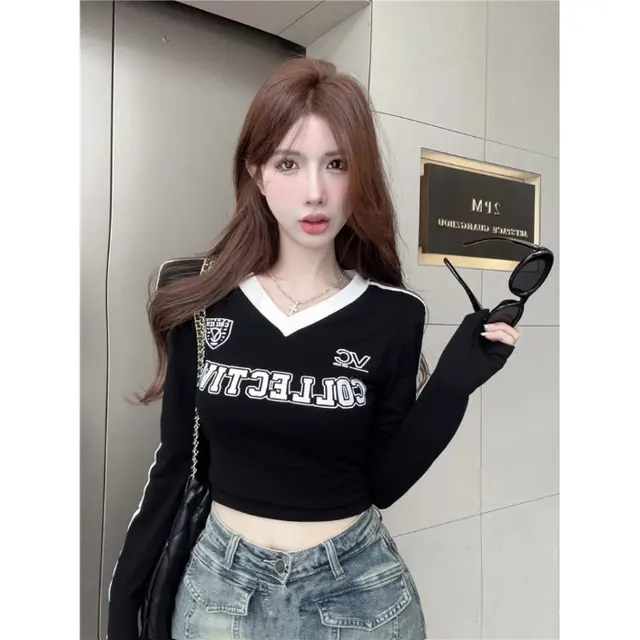Women's Threaded Cotton V neck Letter Printed Bottoming Shirt Black - Shop at LoveMi