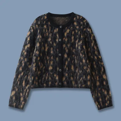 Casual Style Soft Glutinous Atmosphere Leopard Print Round Neck Cardigan Short Coat Leopard Print - Shop at LoveMi