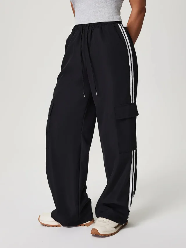 Striped Elastic Waist Drawstring Sports Loose Trousers Black - Shop at LoveMi