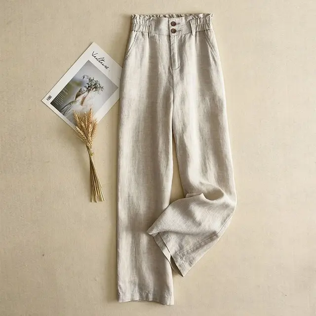 Linen Wide leg Pants Female High Waist Drooping Apricot - Shop at LoveMi