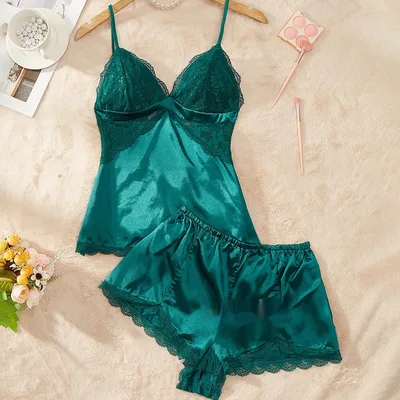 Pajamas Lace Thin Artificial Silk Camisole Suit Women Green - Shop at LoveMi