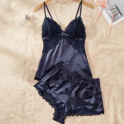 Pajamas Lace Thin Artificial Silk Camisole Suit Women Navy Blue - Shop at LoveMi