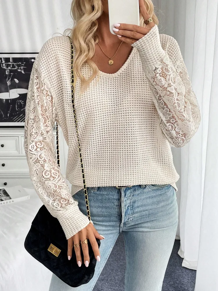 Elegant Women's Solid Color V neck Lace Stitching Long Sleeve T shirt Apricot - Shop at LoveMi