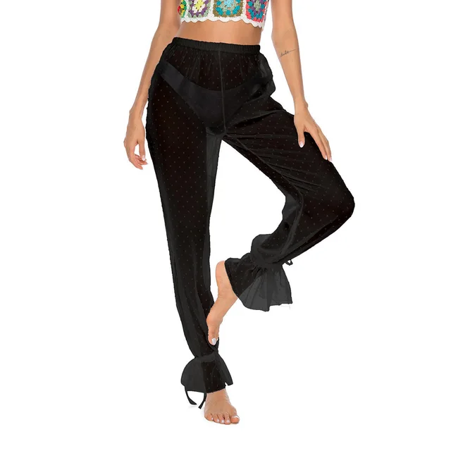Women's Mesh Jacquard Ankle Banded Pants Slightly Transparent 9324 Black - Shop at LoveMi