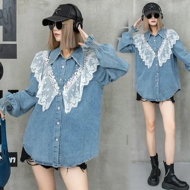 Ladies Lace Splicing Denim Long sleeved Tops Blue - Shop at LoveMi