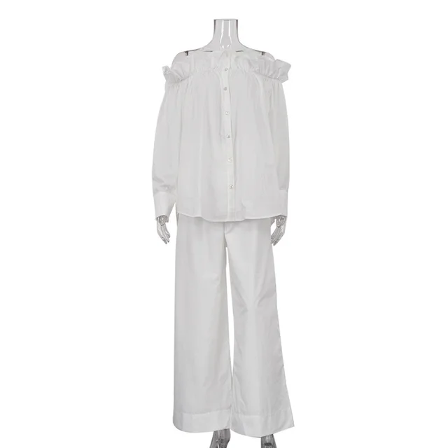 Ruffled Off shoulder Cardigan White Shirt Loose Wide Leg Pants Suit White - Shop at LoveMi