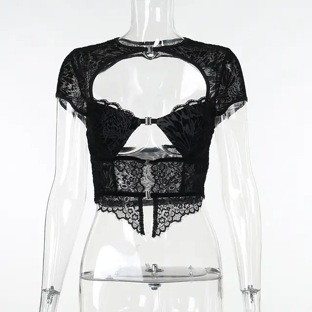 Sexy Lace Stitching Short Sleeve Hollow out Top High Waist Straight Bootcut Pants Suit Black Top - Shop at LoveMi
