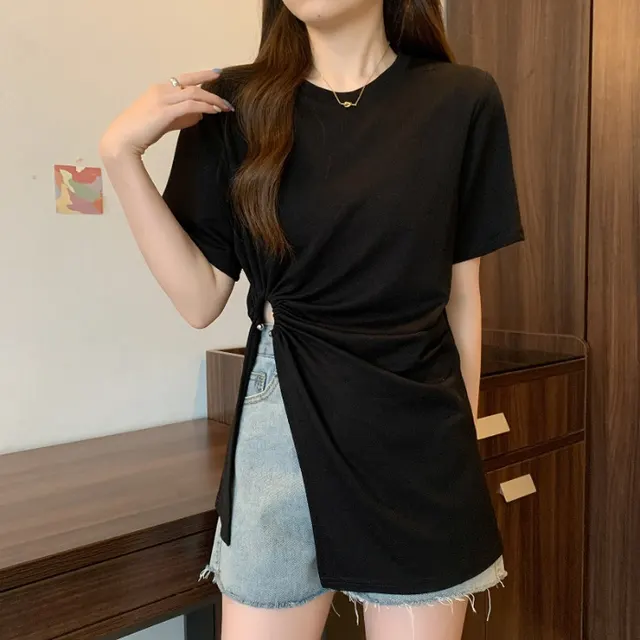 Cotton Irregular Split Short sleeved T shirt Women's Summer Black - Shop at LoveMi