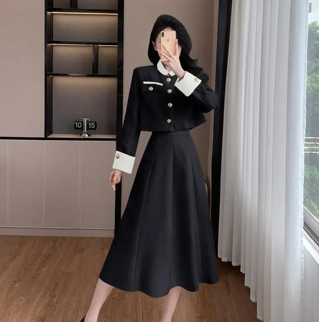Socialite Temperament Twinset Contrast Color Top High Waist Skirt Suit Black - Shop at LoveMi