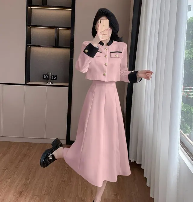 Socialite Temperament Twinset Contrast Color Top High Waist Skirt Suit Pink - Shop at LoveMi