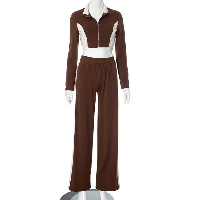 Stitching Contrast Color Zipper Long Sleeve Short Coat Two piece Set Brown - Shop at LoveMi
