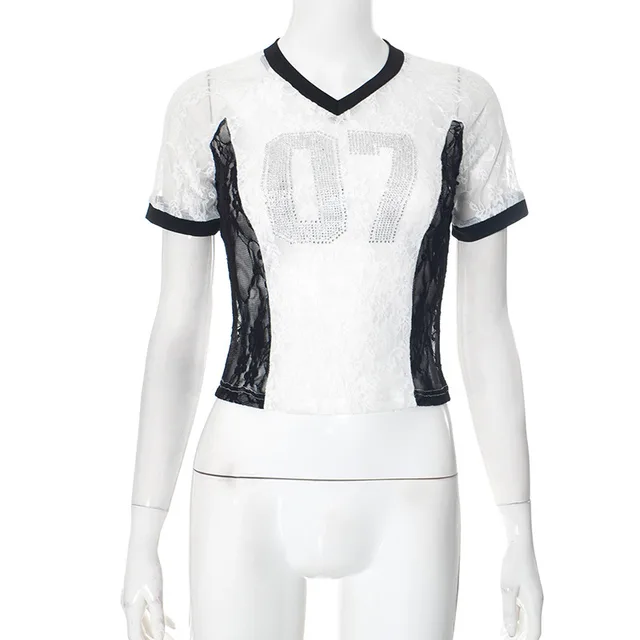 Women's Digital Rhinestone Lace Mesh Patchwork Short Top White - Shop at LoveMi