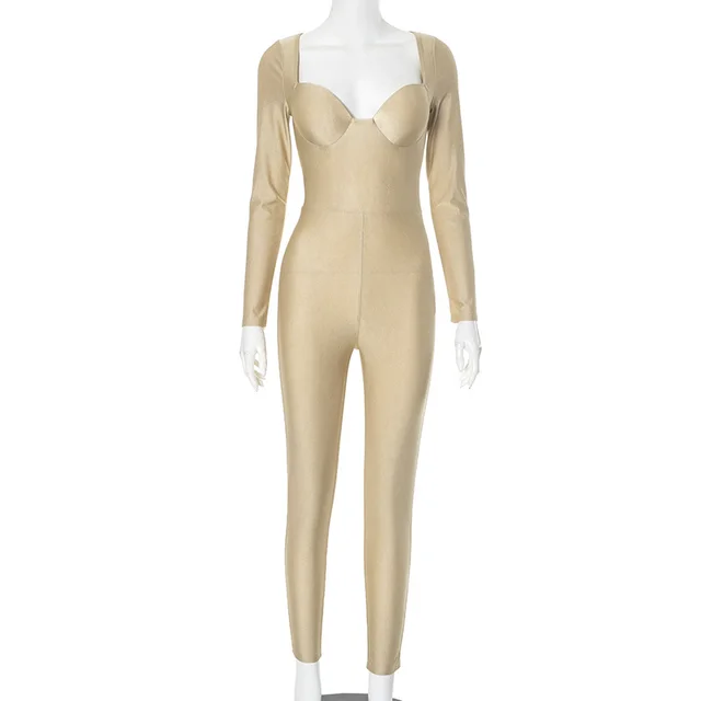 Tube Top Tight Silky Long Sleeve Hip lifting Jumpsuit Khaki - Shop at LoveMi