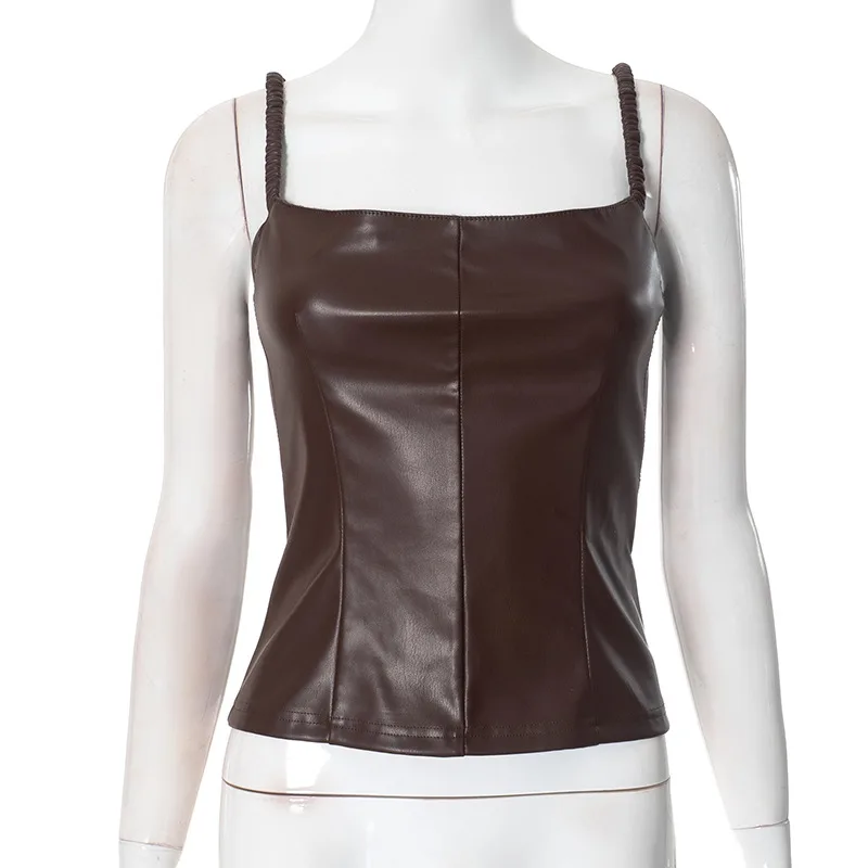 Women's Leather Spaghetti Straps Sleeveless Top - Brown