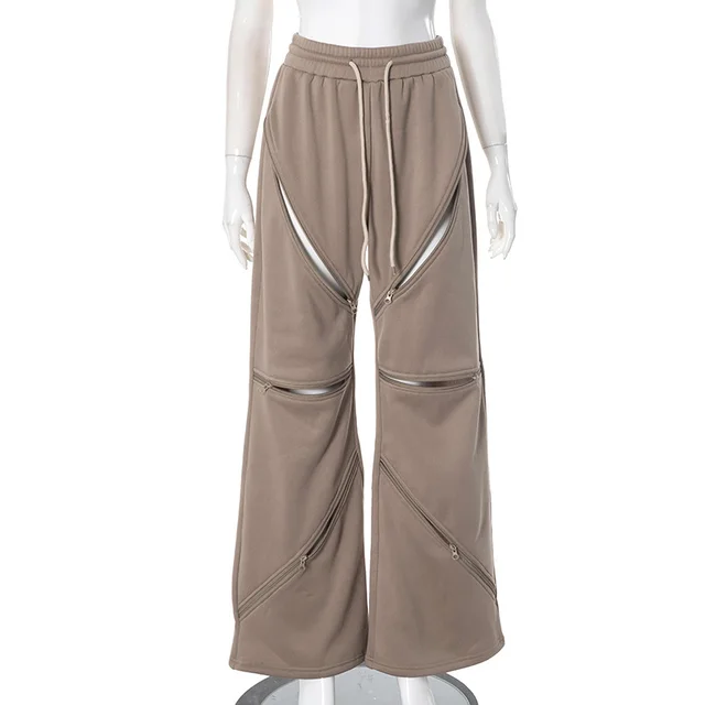 Fashionable Multi zipper Pocket Loose Trousers For Women Khaki - Shop at LoveMi